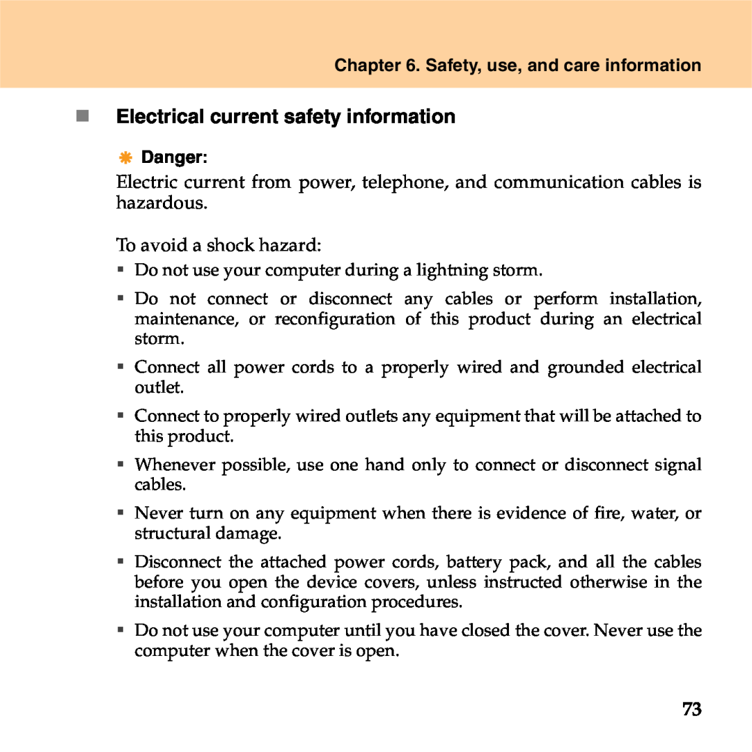 Lenovo S9 manual „ Electrical current safety information, Safety, use, and care information, Danger 
