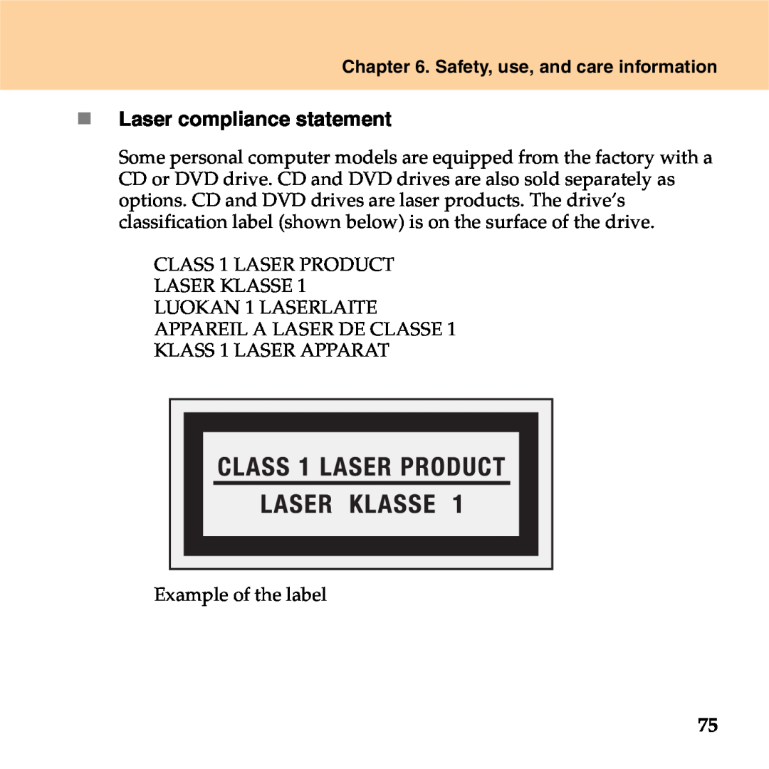 Lenovo S9 manual „ Laser compliance statement, Safety, use, and care information 