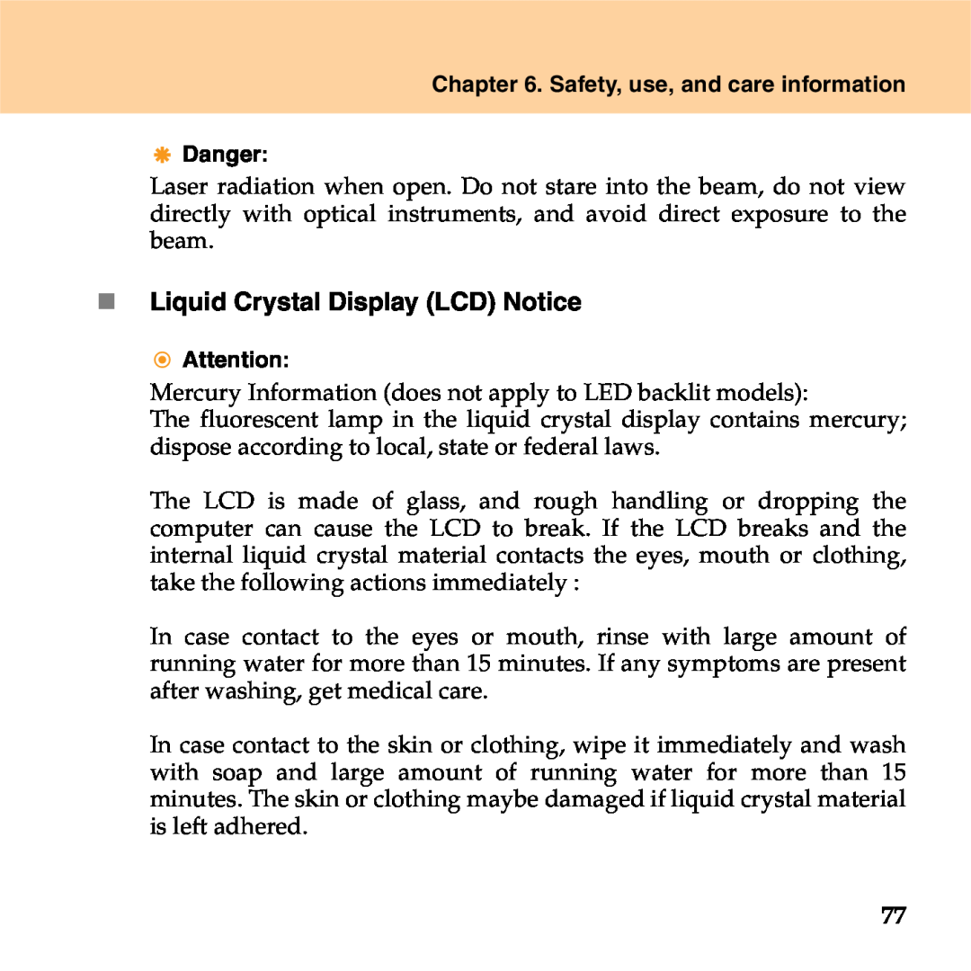 Lenovo S9 manual „ Liquid Crystal Display LCD Notice, Safety, use, and care information, Danger 