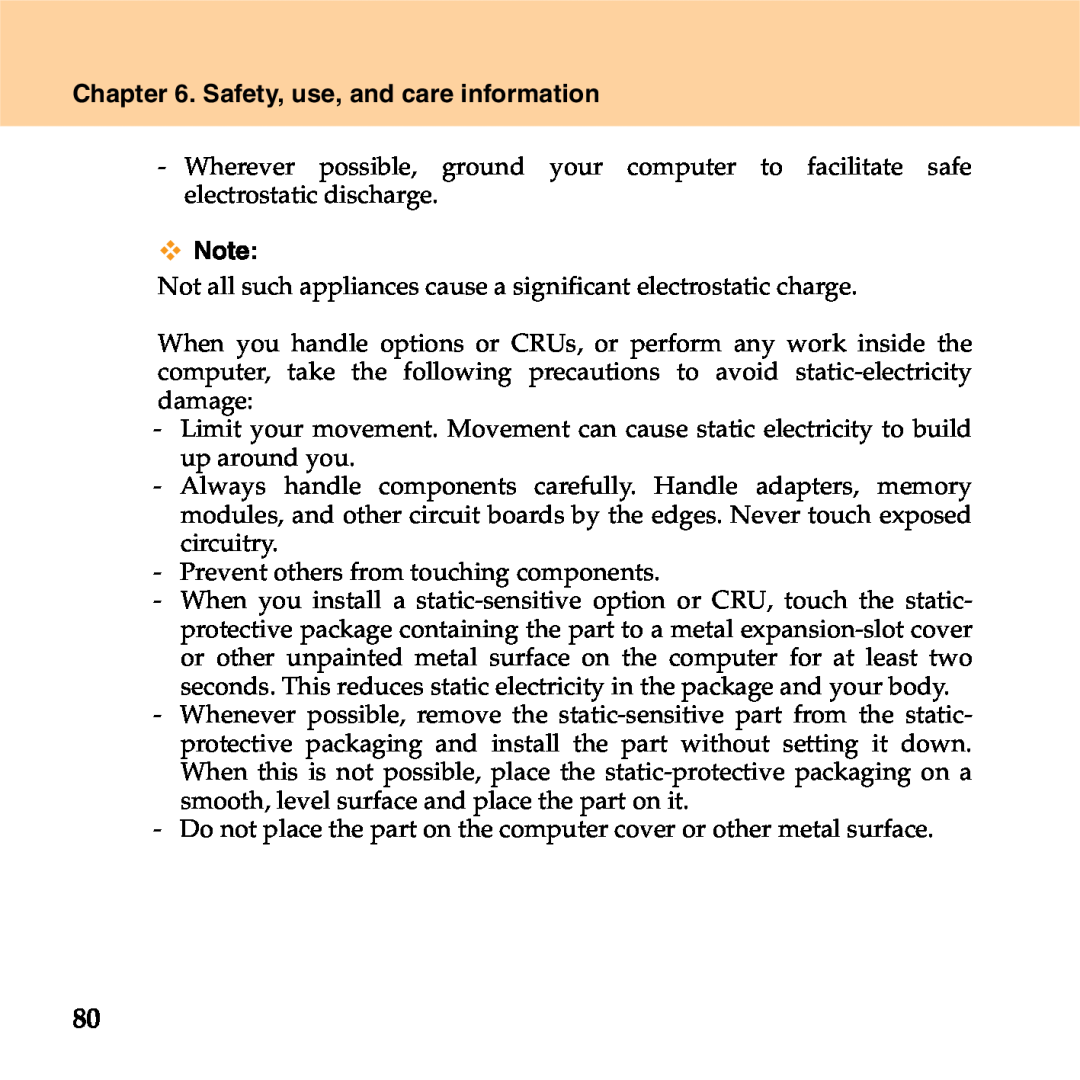 Lenovo S9 manual Safety, use, and care information, Not all such appliances cause a significant electrostatic charge 