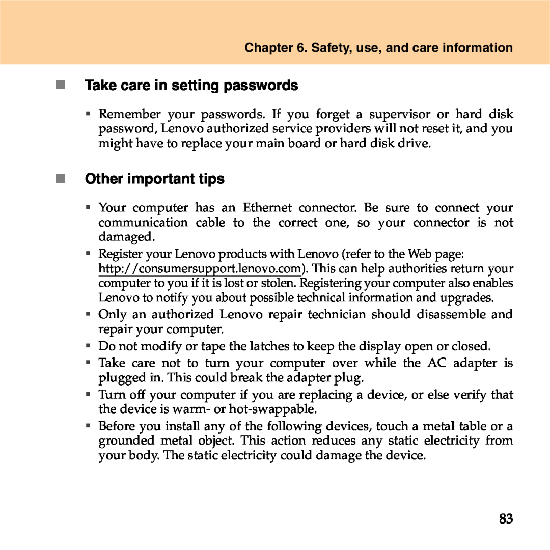 Lenovo S9 manual „ Take care in setting passwords, „ Other important tips, Safety, use, and care information 