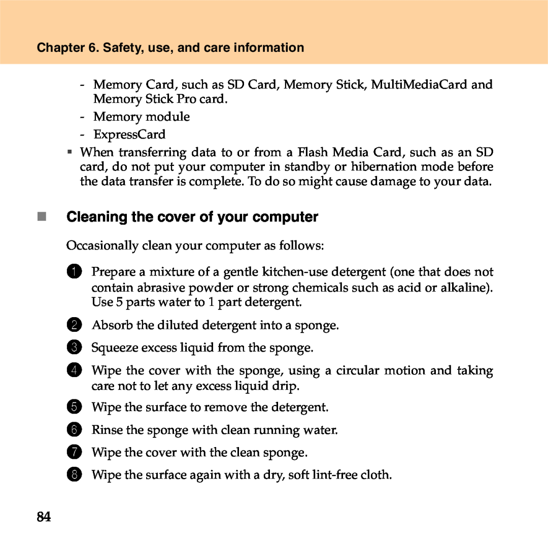 Lenovo S9 manual „ Cleaning the cover of your computer, Safety, use, and care information 