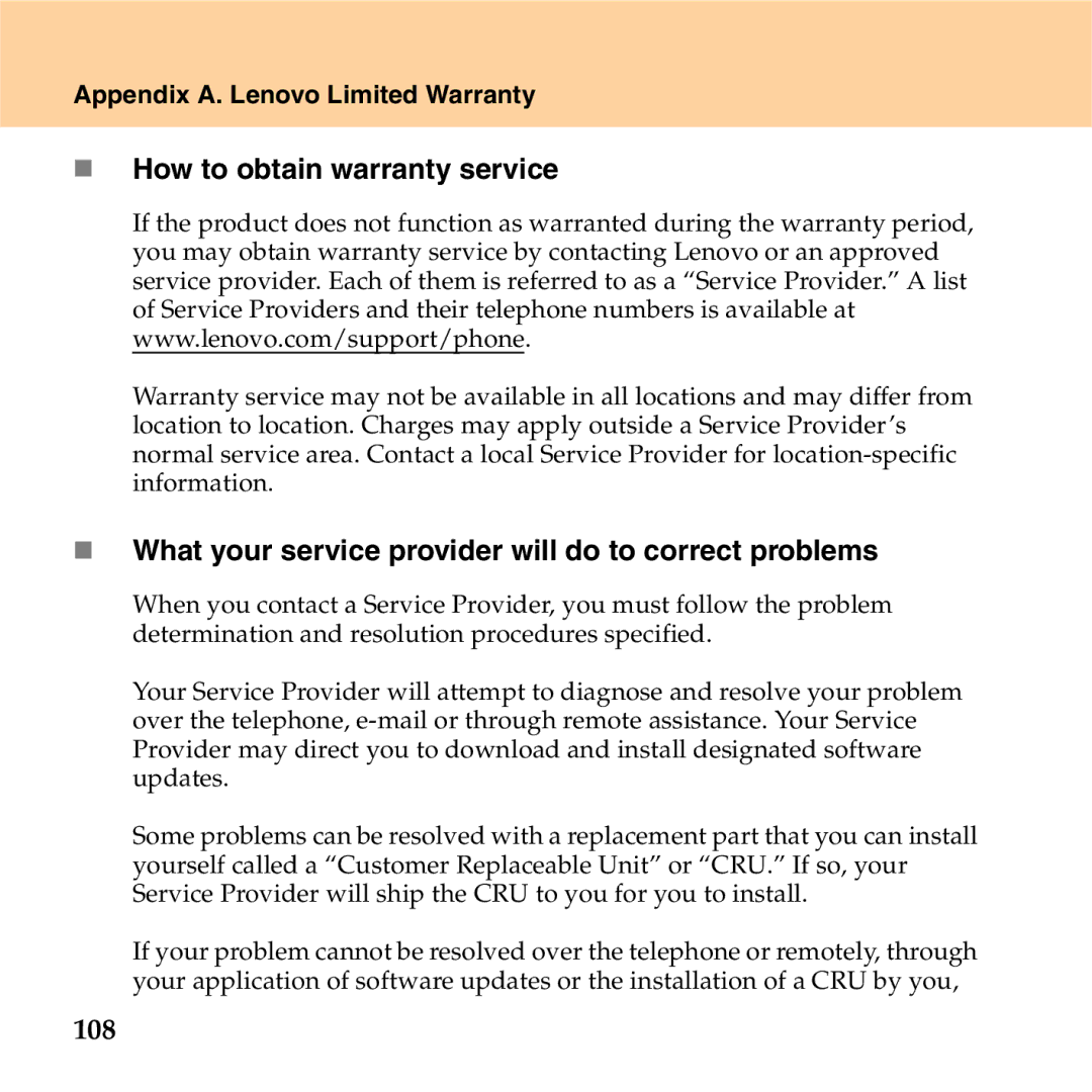 Lenovo S9 manual „ How to obtain warranty service, „ What your service provider will do to correct problems, 108 