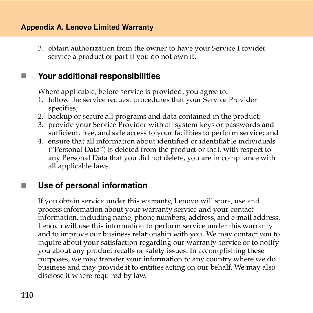 Lenovo S9 manual „ Your additional responsibilities, „ Use of personal information, 110 