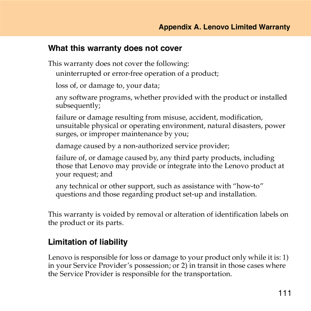 Lenovo S9 manual „ What this warranty does not cover, „ Limitation of liability, 111 