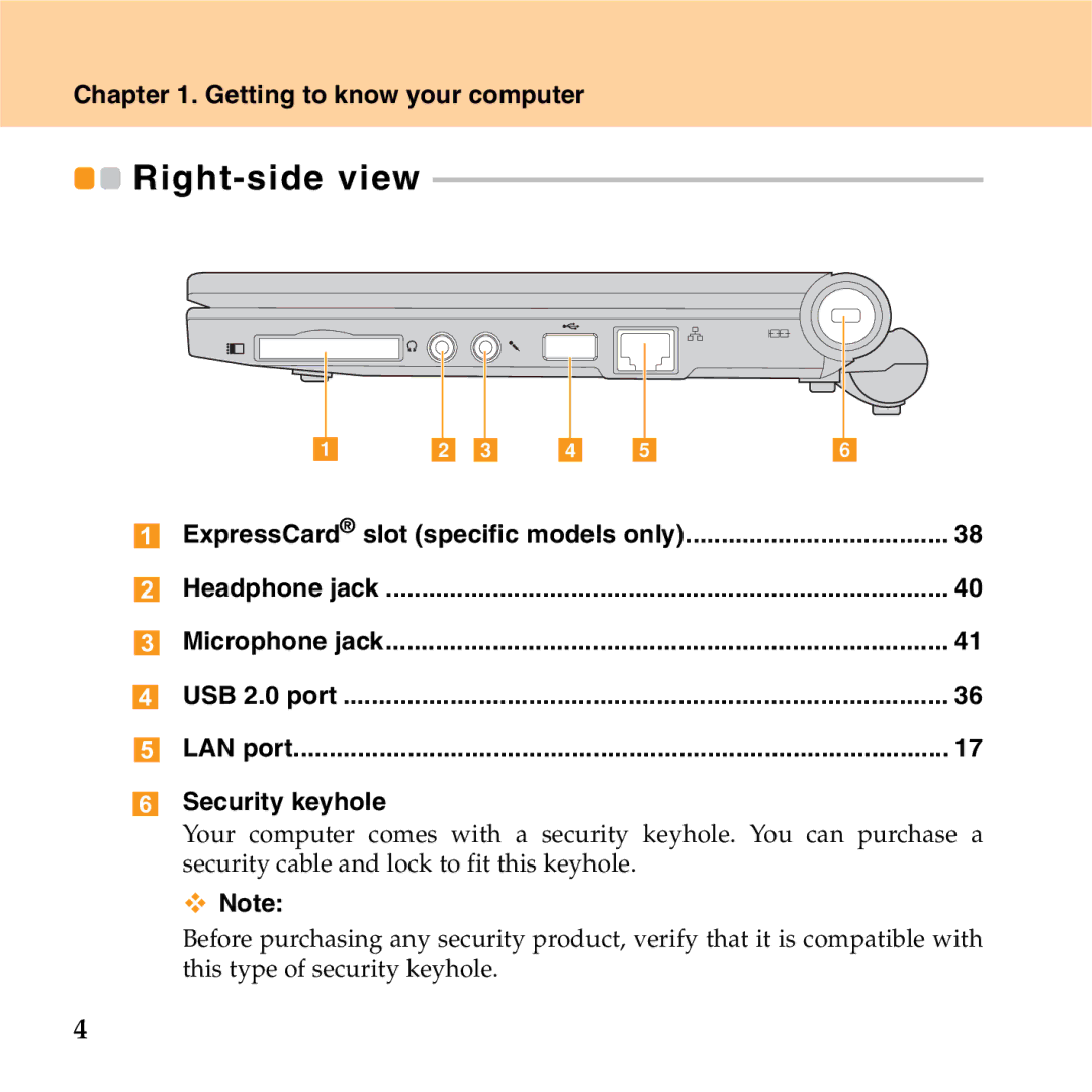 Lenovo S9 manual Right-side view, Security keyhole 