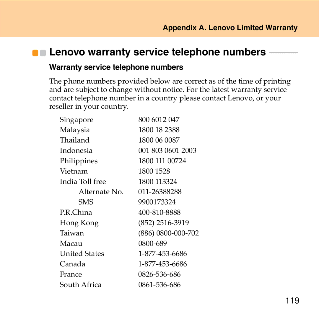 Lenovo S9 manual 119, Warranty service telephone numbers 