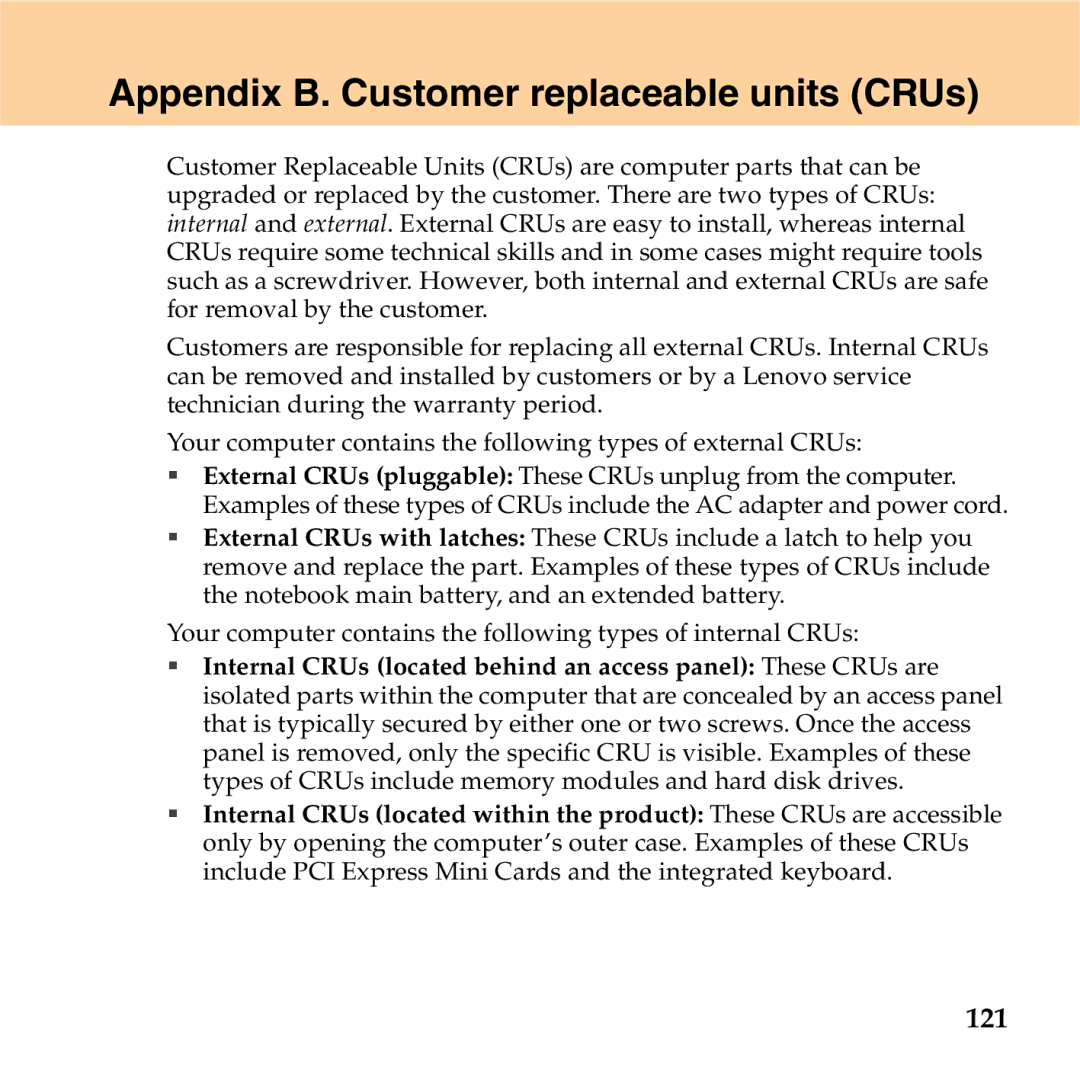 Lenovo S9 manual Appendix B. Customer replaceable units CRUs, 121 