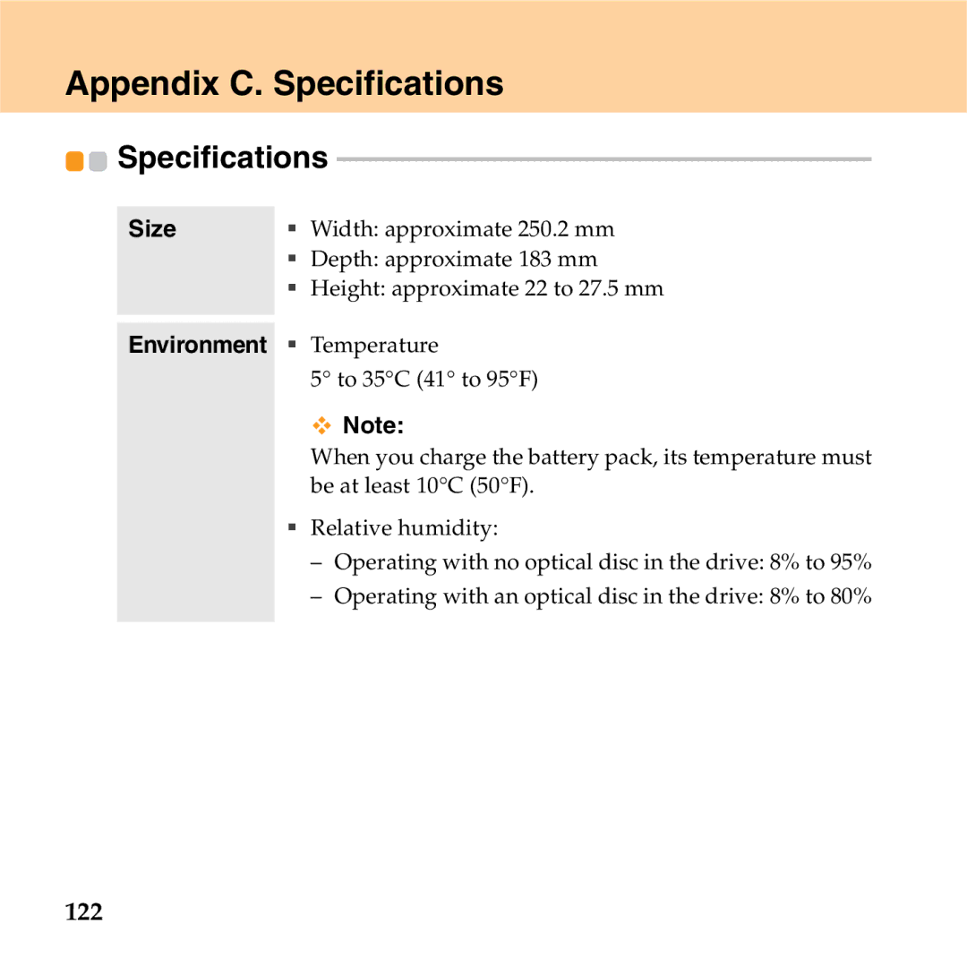 Lenovo S9 manual Appendix C. Specifications, 122, Size 