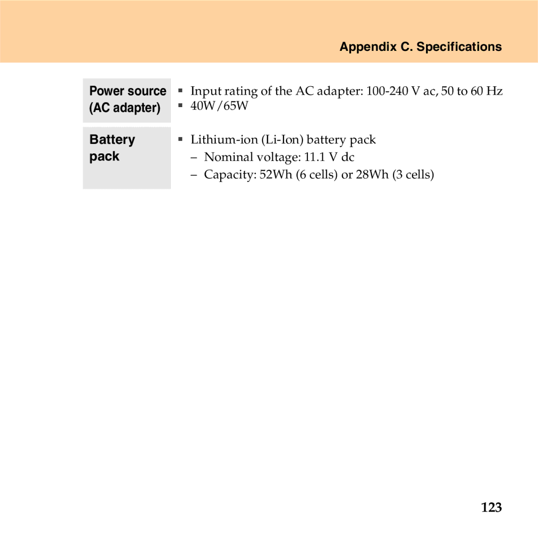 Lenovo S9 manual 123, Appendix C. Specifications, Battery pack 