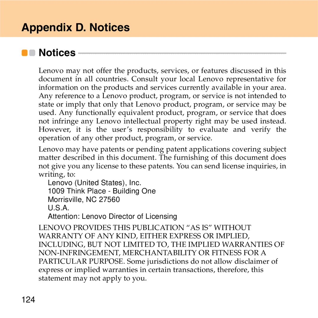 Lenovo S9 manual Appendix D. Notices, 124 