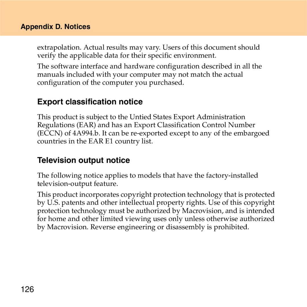 Lenovo S9 manual „ Export classification notice, „ Television output notice, 126 