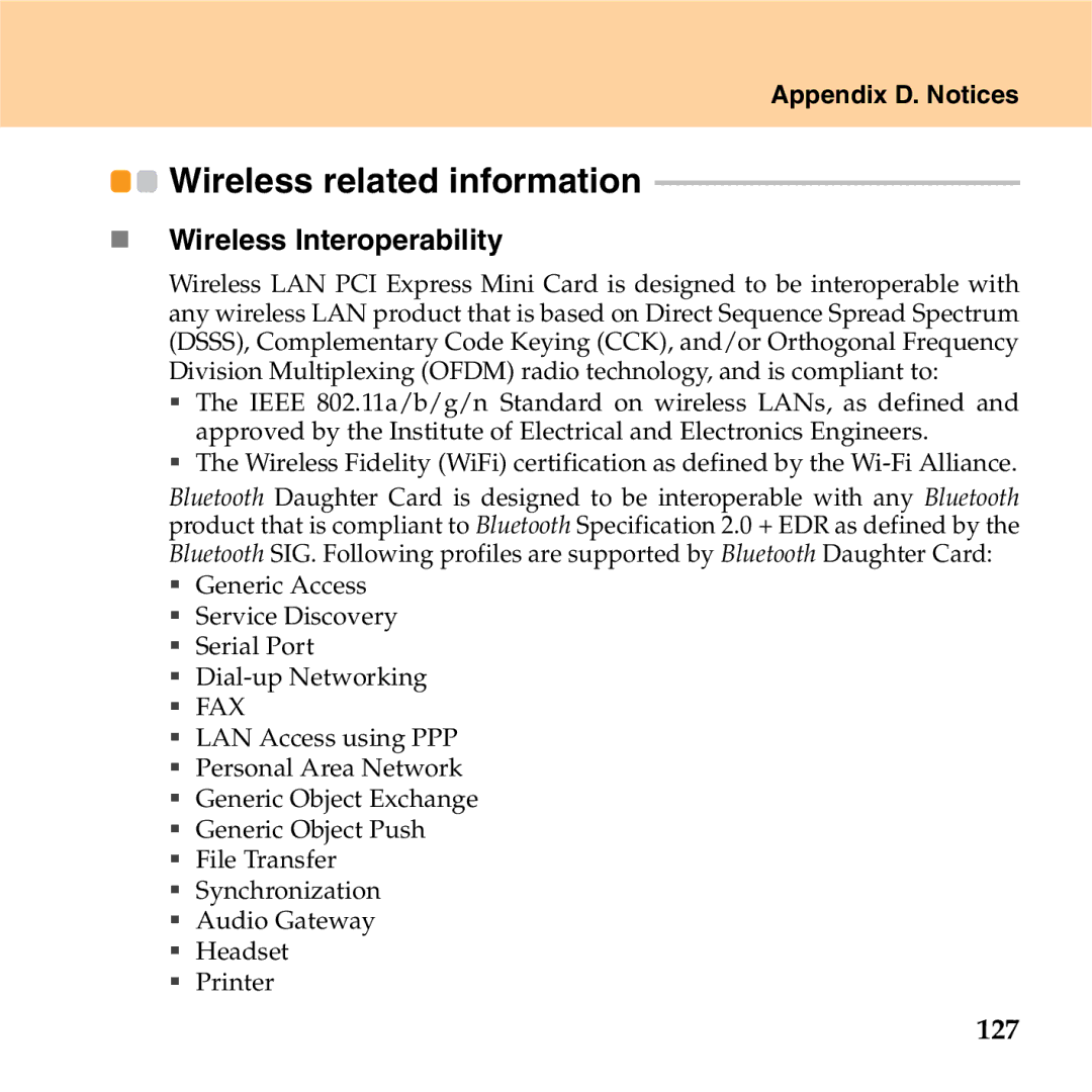 Lenovo S9 manual Wireless related information, „ Wireless Interoperability, 127 