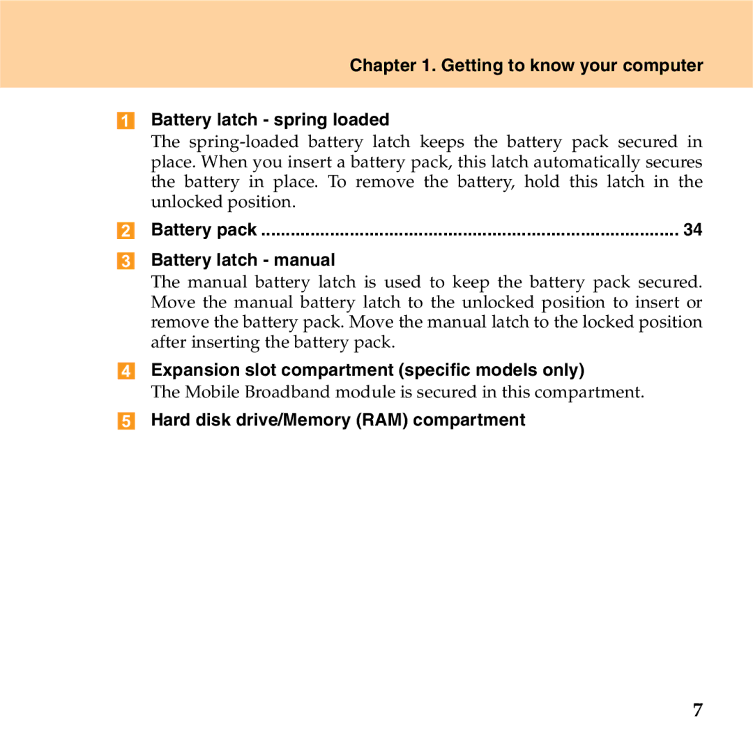 Lenovo S9 Getting to know your computer Battery latch spring loaded, Battery latch manual 