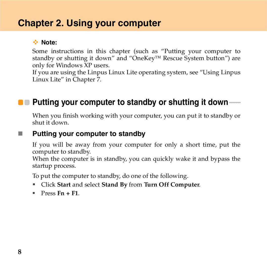 Lenovo S9 manual Using your computer, „ Putting your computer to standby 