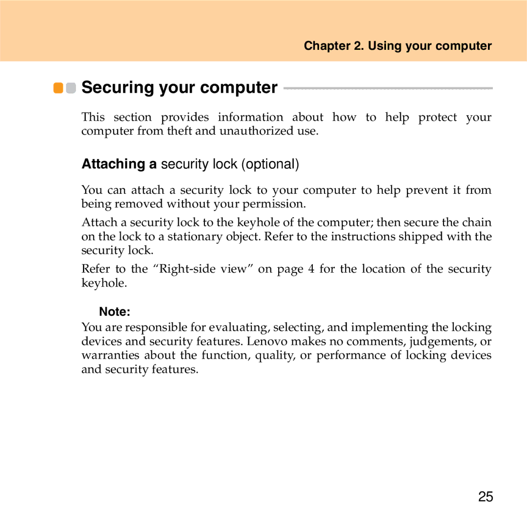 Lenovo S9 manual Securing your computer, „ Attaching a security lock optional 