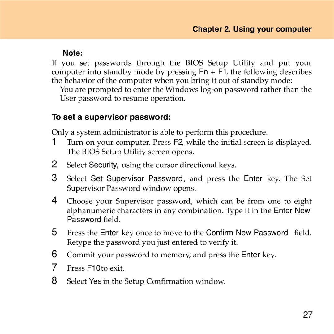 Lenovo S9 manual To set a supervisor password 