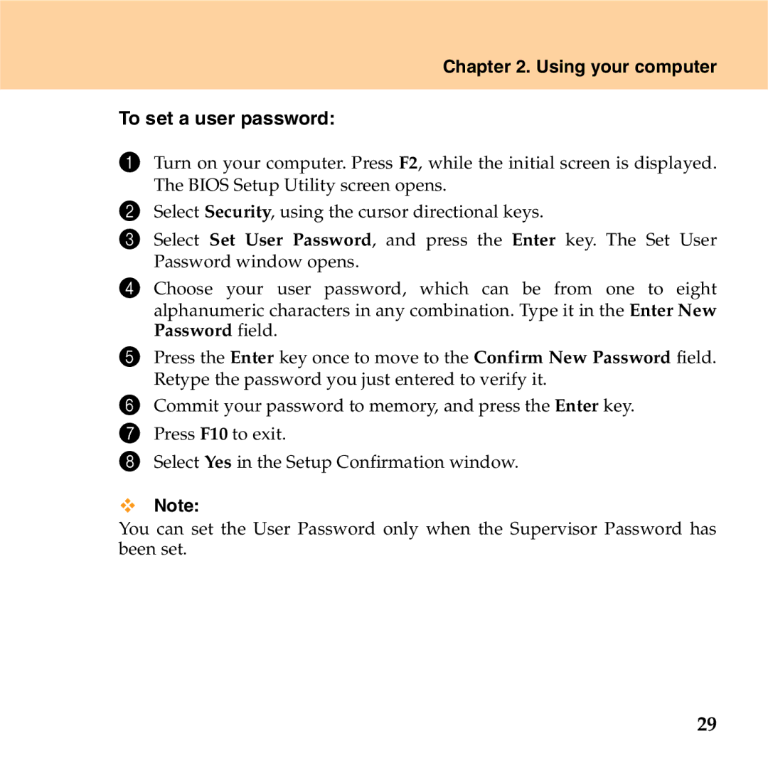 Lenovo S9 manual Using your computer To set a user password 