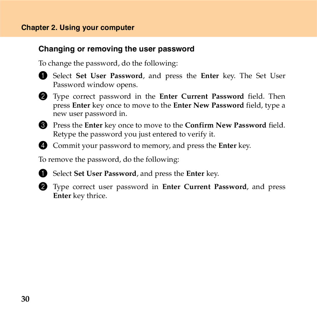 Lenovo S9 manual Using your computer Changing or removing the user password 