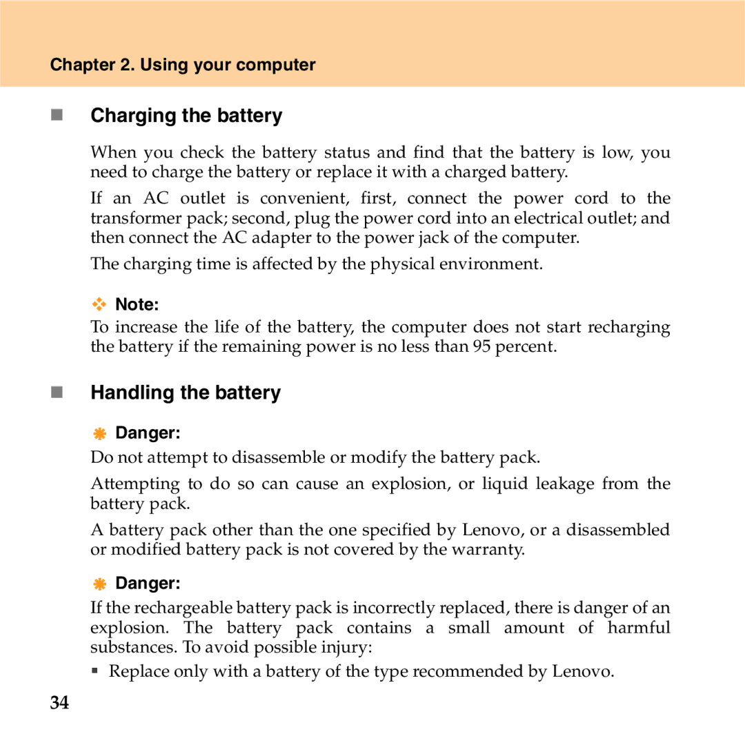 Lenovo S9 manual „ Charging the battery, „ Handling the battery 