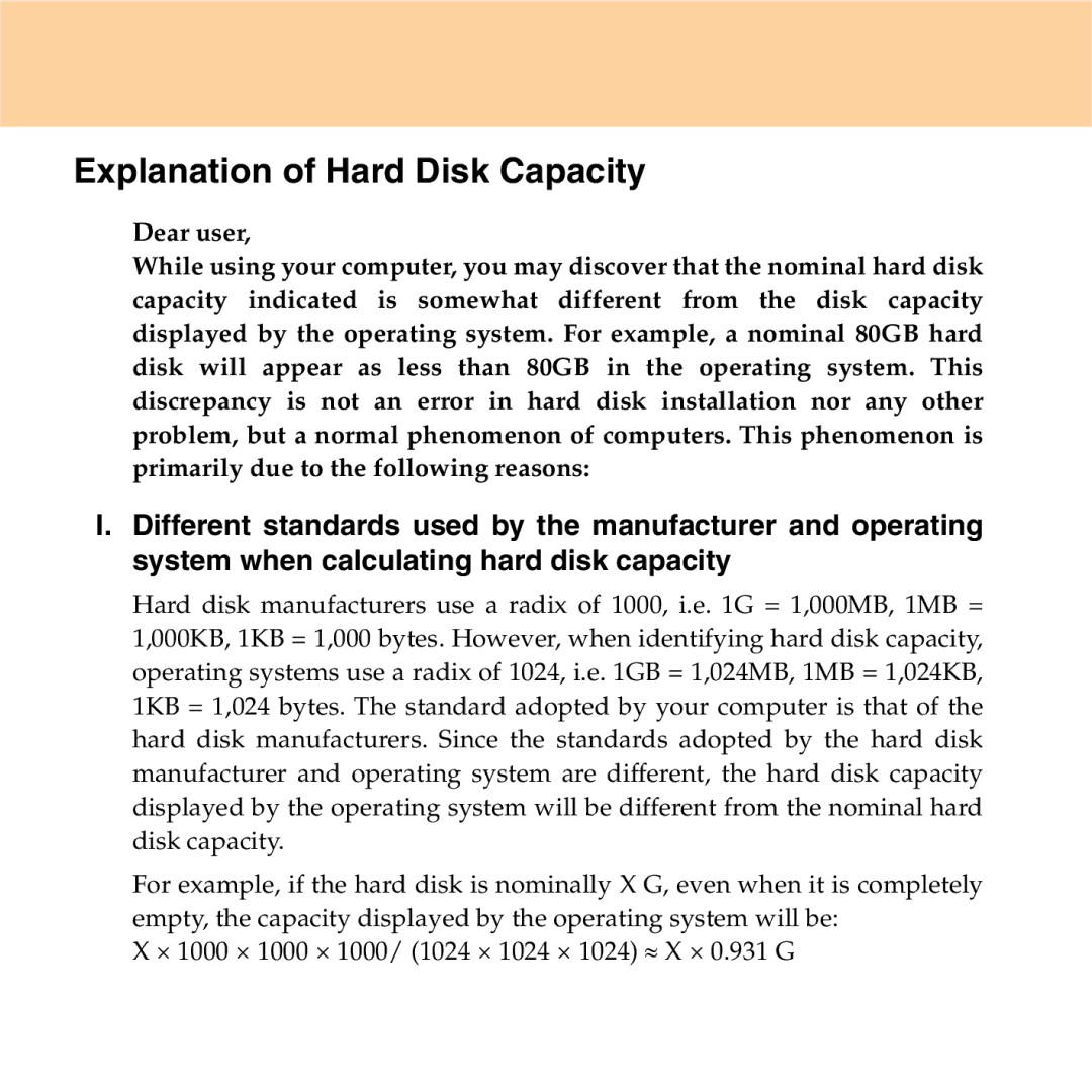 Lenovo S9 manual Explanation of Hard Disk Capacity 