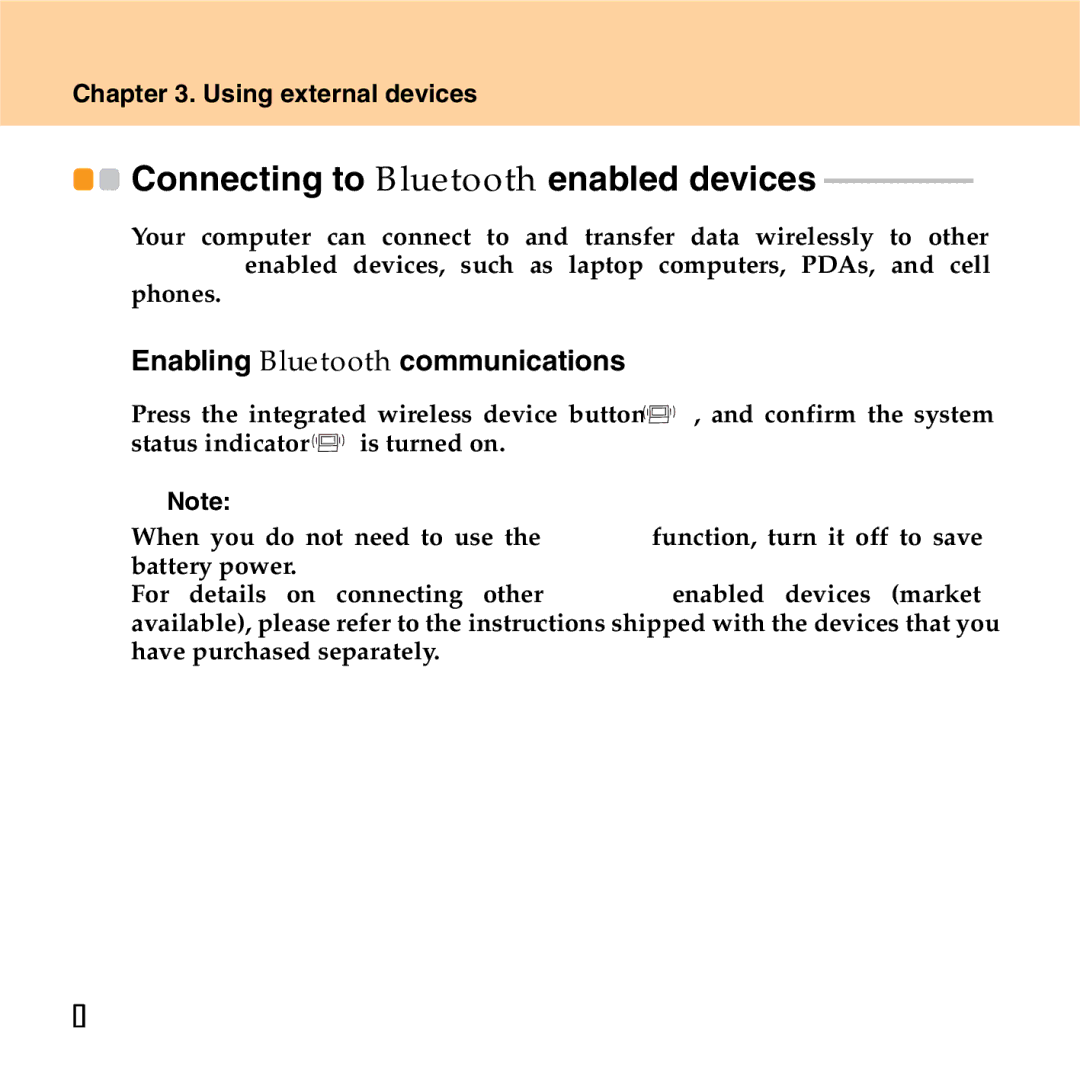 Lenovo S9 manual Connecting to Bluetooth enabled devices, „ Enabling Bluetooth communications 