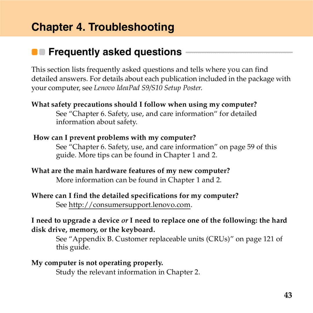 Lenovo S9 manual Troubleshooting, Frequently asked questions 