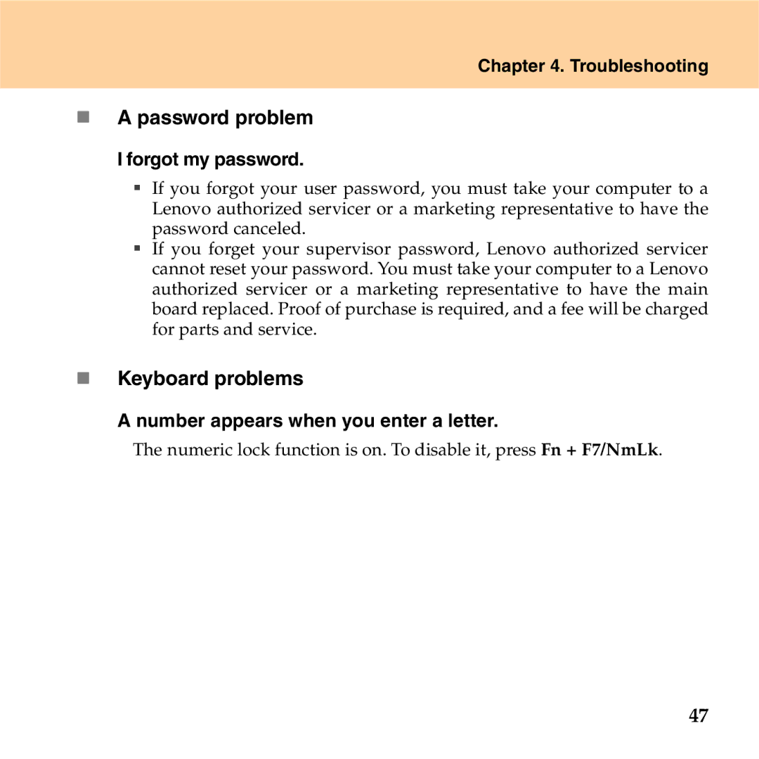 Lenovo S9 manual „ a password problem, „ Keyboard problems, Forgot my password, Number appears when you enter a letter 