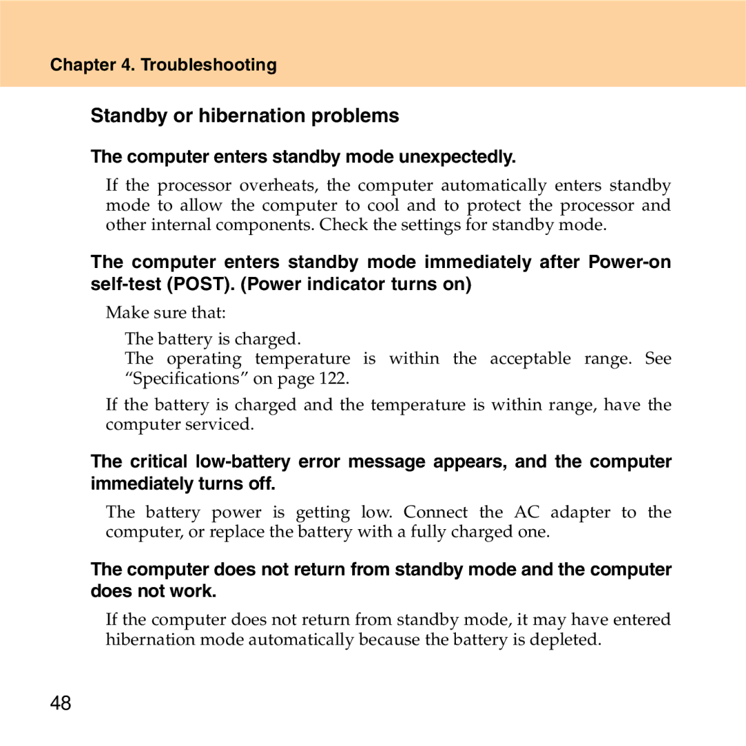 Lenovo S9 manual „ Standby or hibernation problems, Computer enters standby mode unexpectedly 