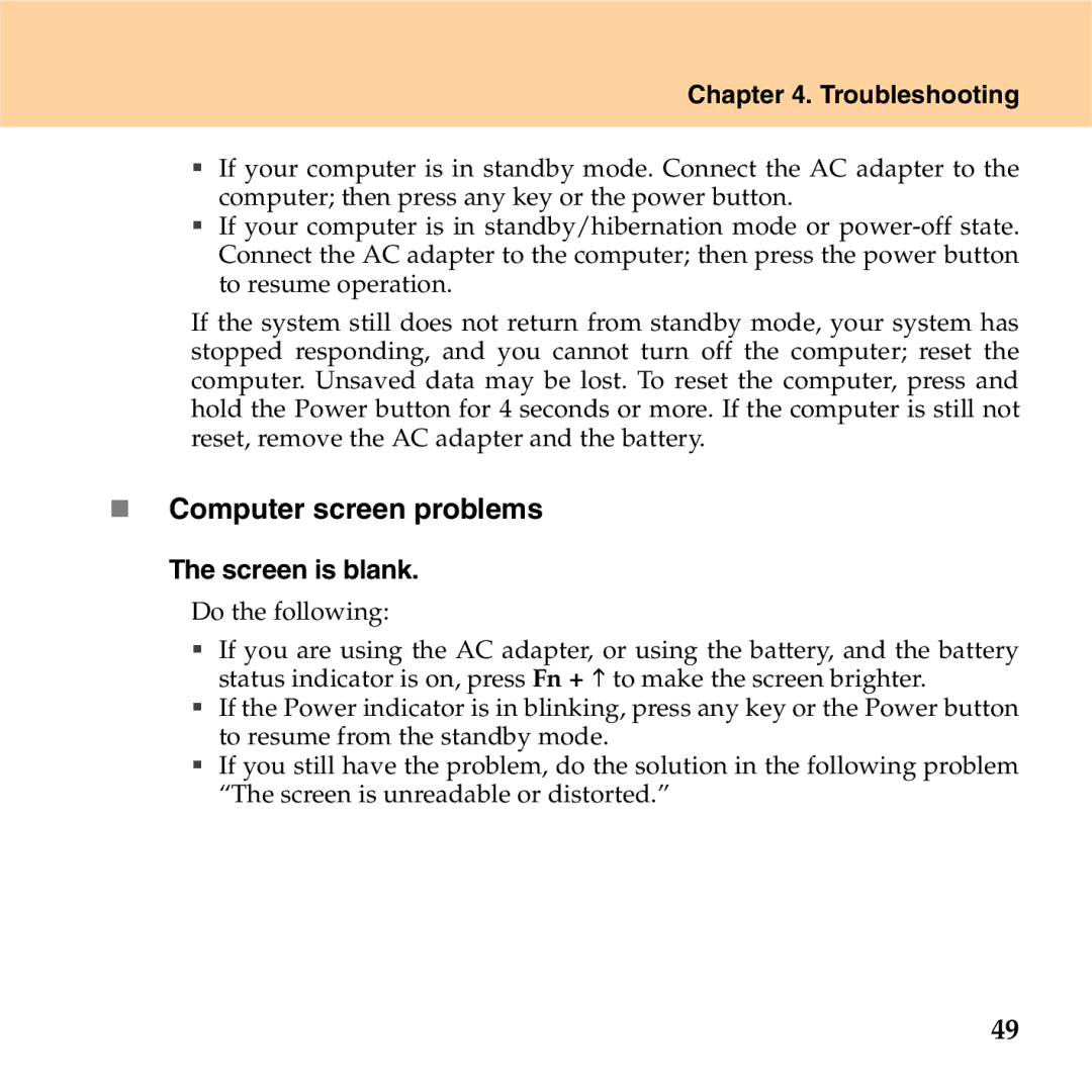 Lenovo S9 manual „ Computer screen problems, Screen is blank 