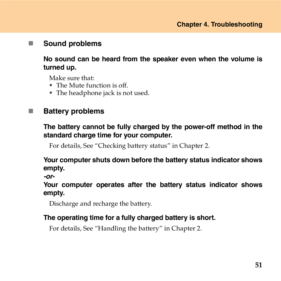 Lenovo S9 manual „ Sound problems, „ Battery problems, Operating time for a fully charged battery is short 