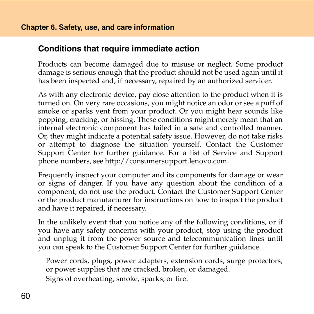 Lenovo S9 manual „ Conditions that require immediate action, Safety, use, and care information 