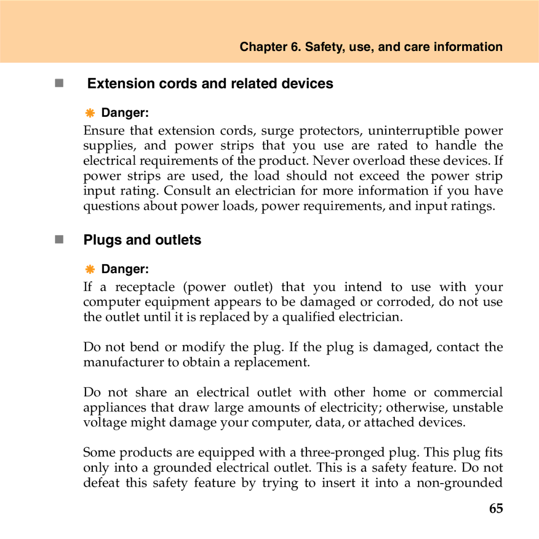 Lenovo S9 manual „ Extension cords and related devices, „ Plugs and outlets 