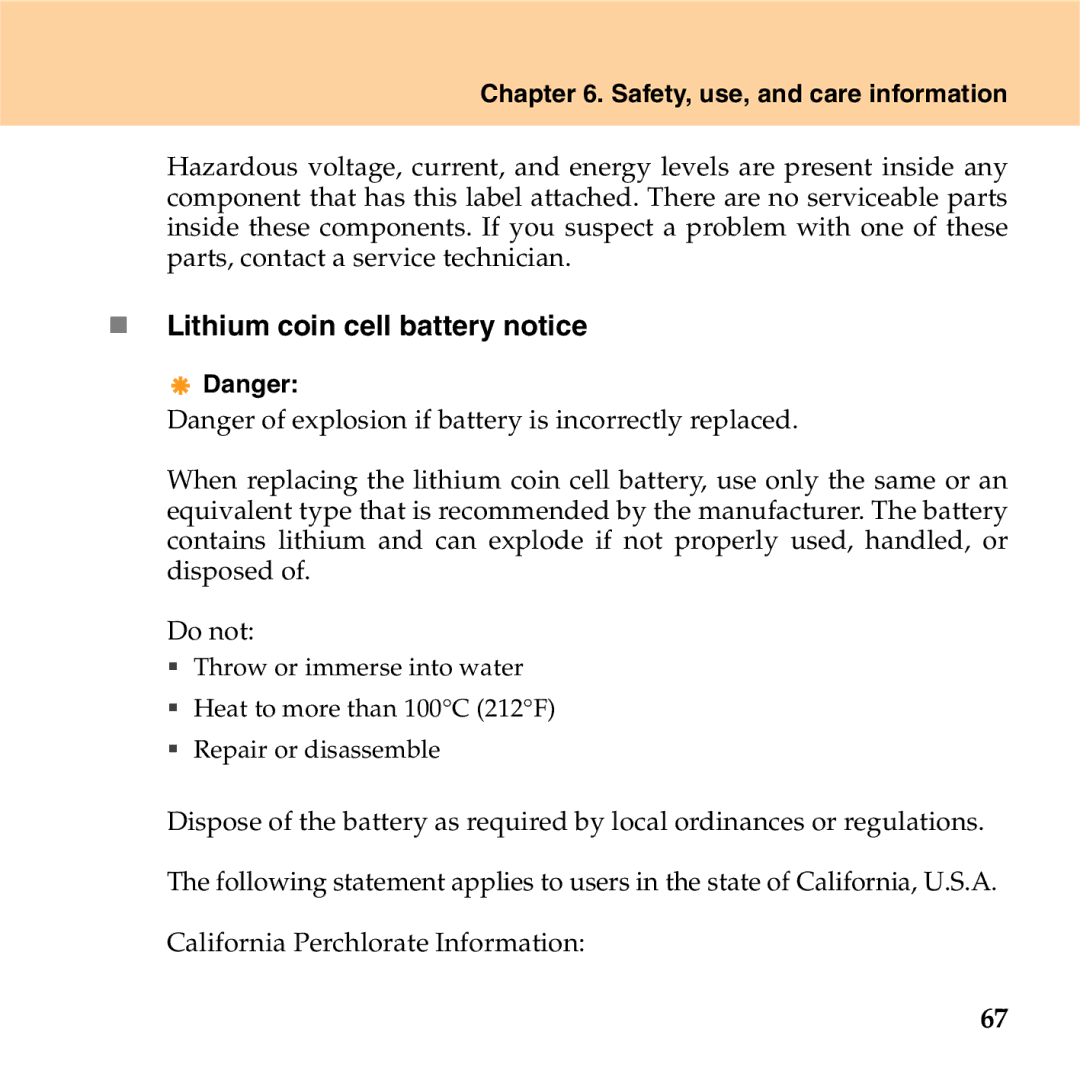 Lenovo S9 manual „ Lithium coin cell battery notice 