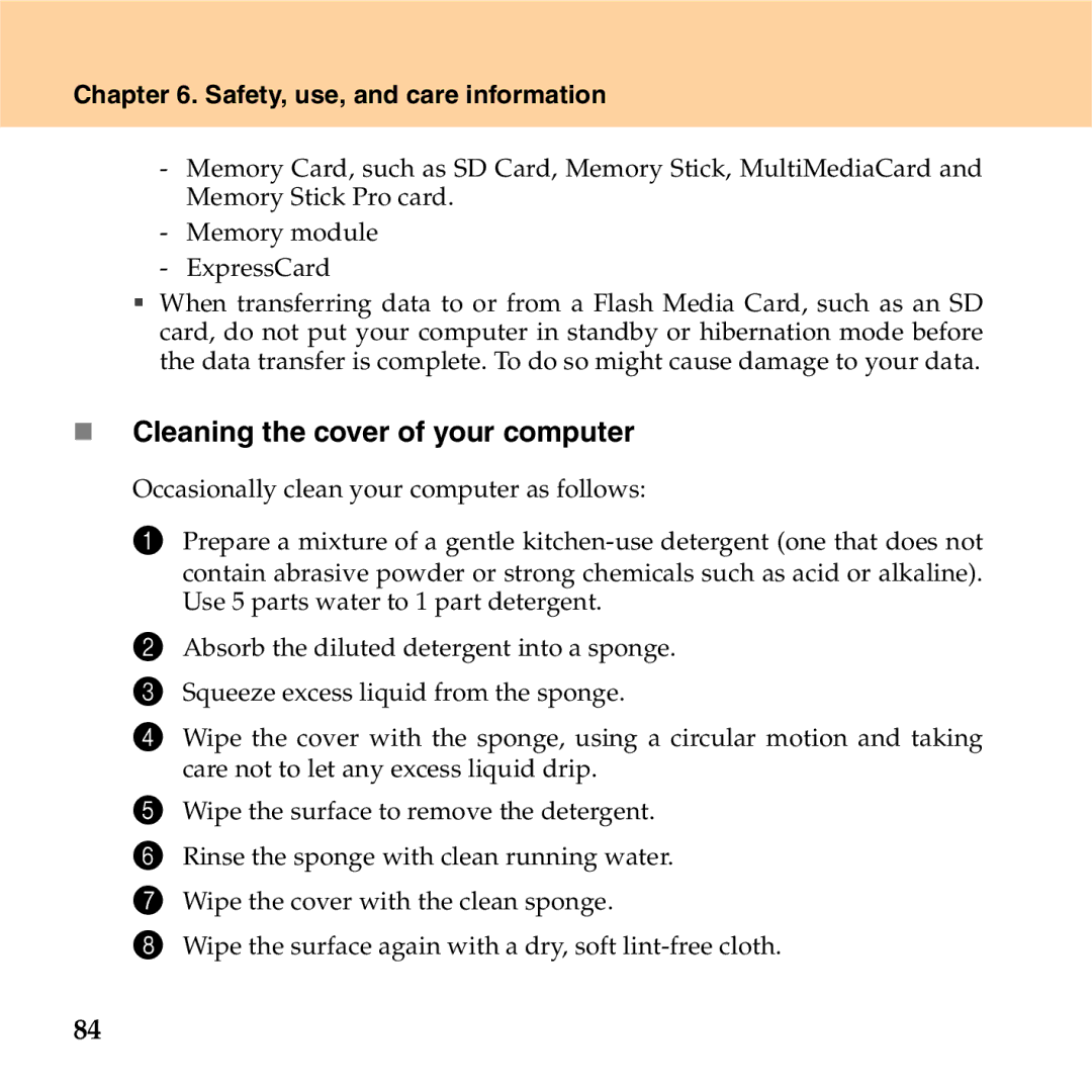 Lenovo S9 manual „ Cleaning the cover of your computer 