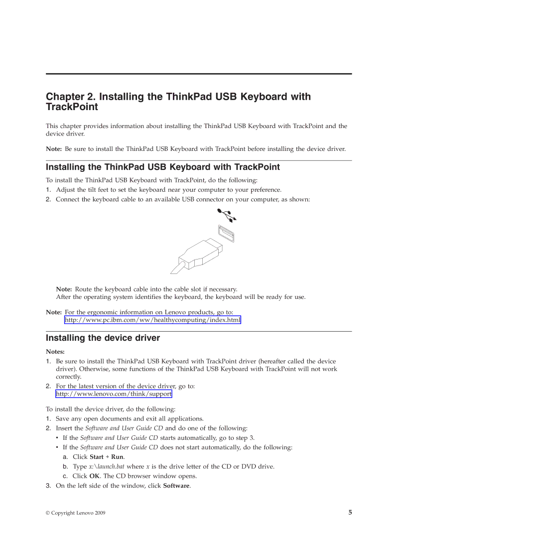 Lenovo SK-8855 manual Installing the ThinkPad USB Keyboard with TrackPoint, Installing the device driver 