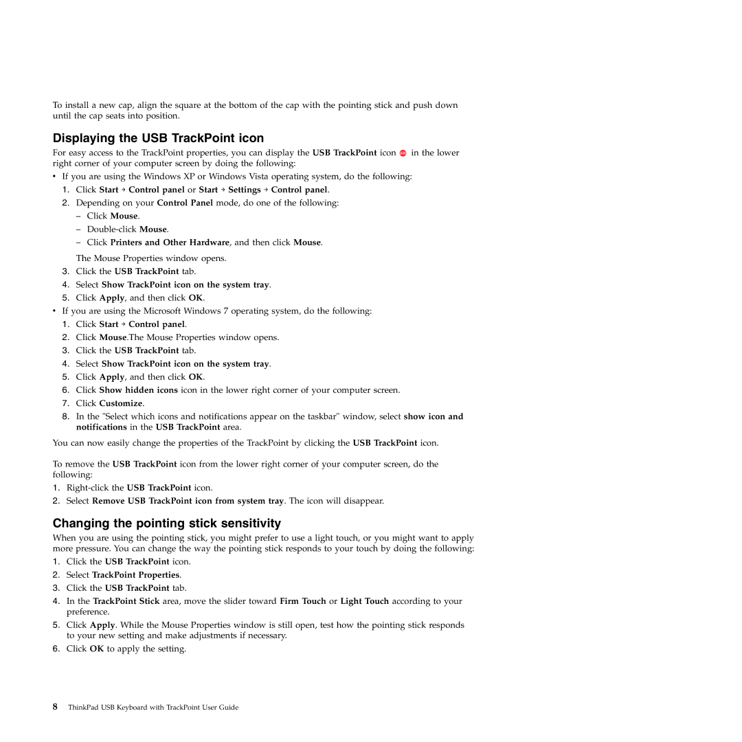 Lenovo SK-8855 manual Displaying the USB TrackPoint icon, Changing the pointing stick sensitivity 