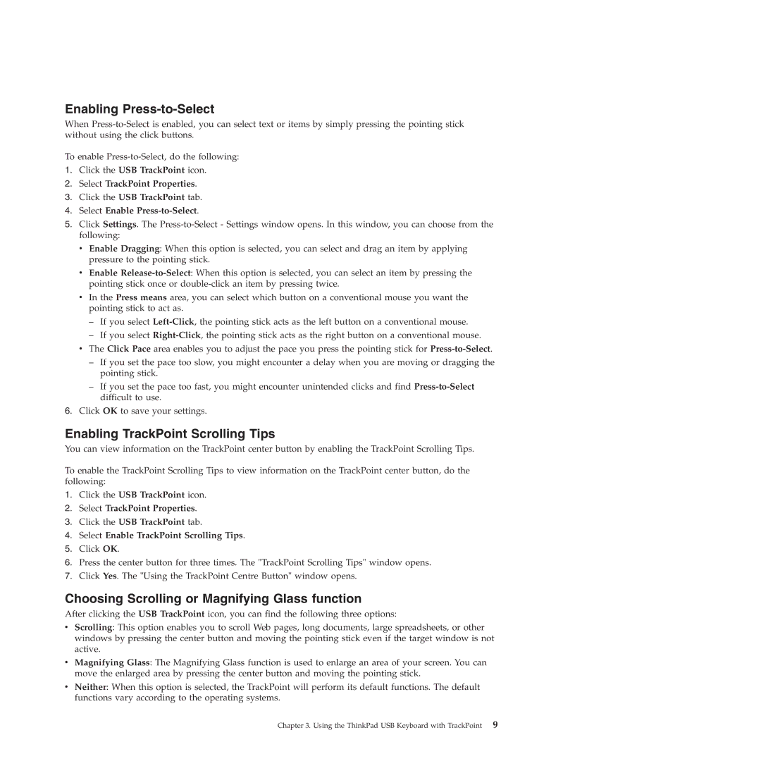 Lenovo SK-8855 manual Enabling Press-to-Select, Enabling TrackPoint Scrolling Tips 