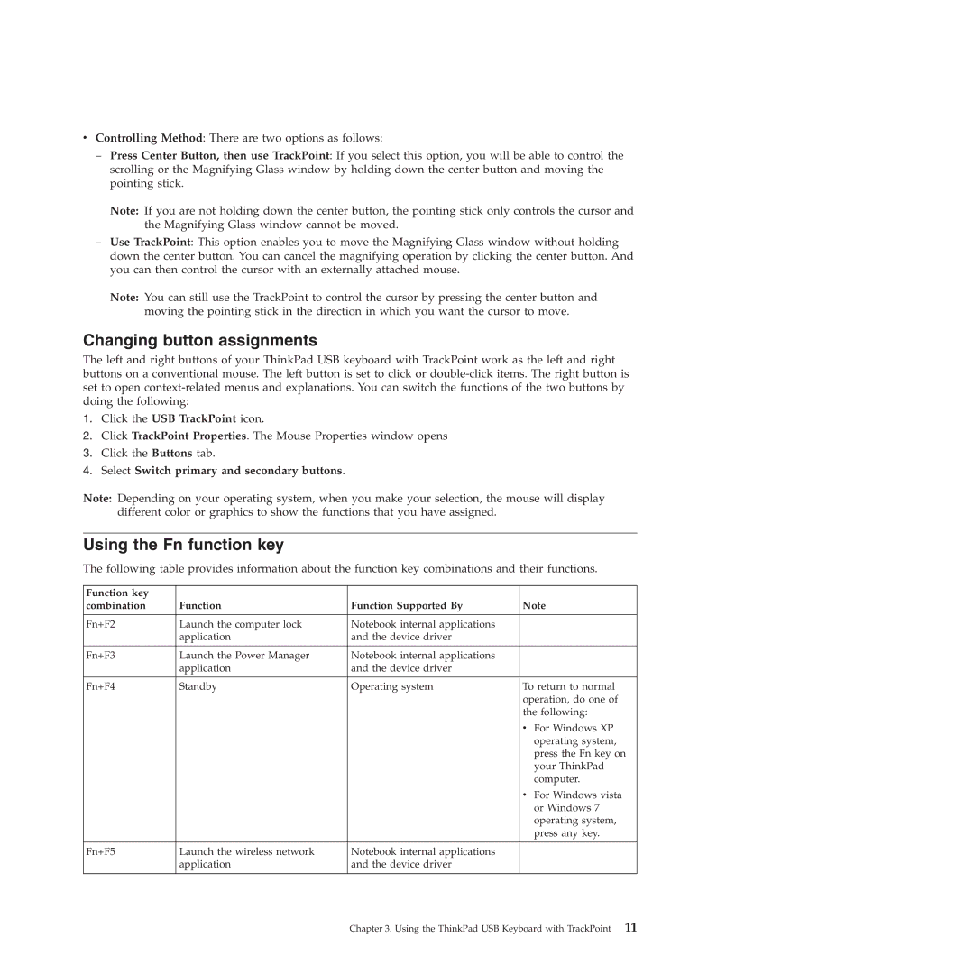 Lenovo SK-8855 manual Changing button assignments, Using the Fn function key, Select Switch primary and secondary buttons 