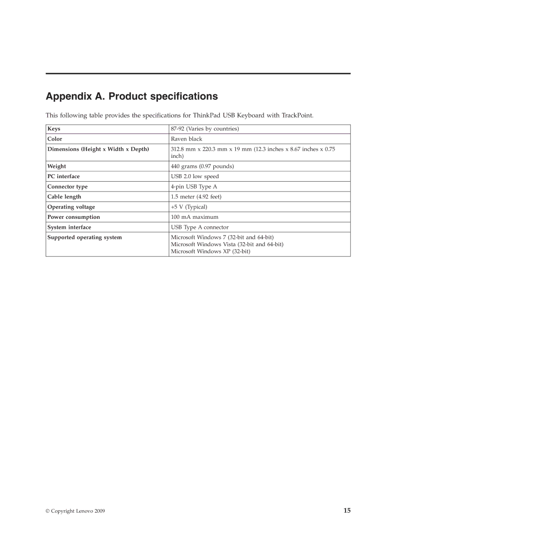 Lenovo SK-8855 manual Appendix A. Product specifications, Supported operating system 