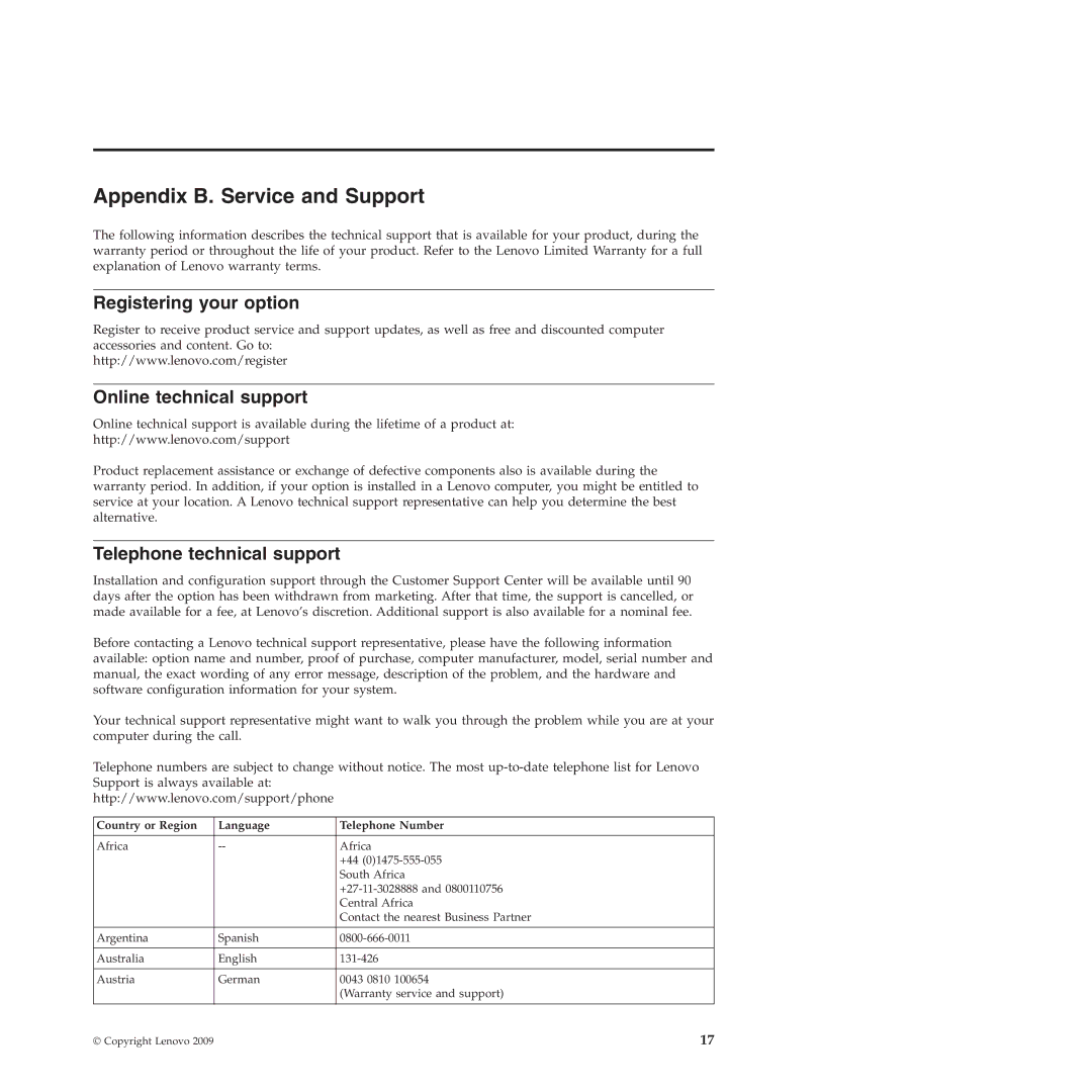 Lenovo SK-8855 manual Appendix B. Service and Support, Registering your option, Online technical support 