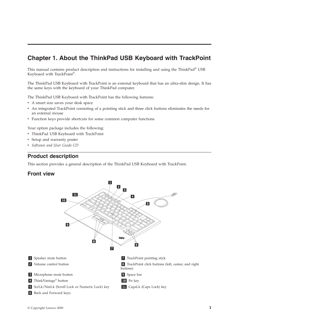 Lenovo SK-8855 manual About the ThinkPad USB Keyboard with TrackPoint, Product description, Front view 