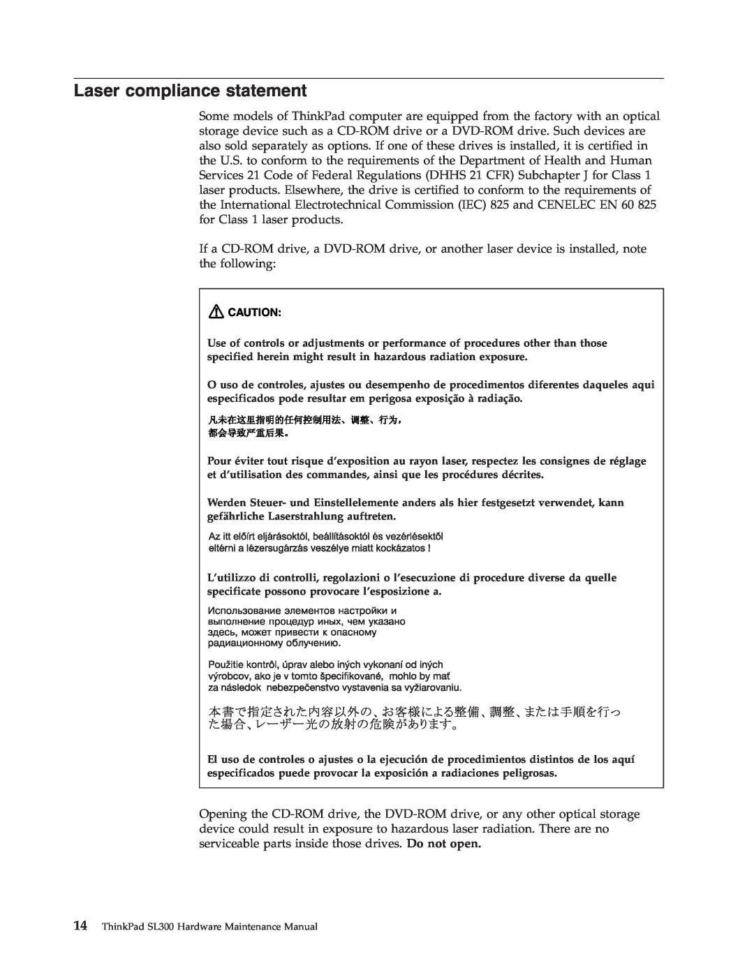 Lenovo manual Laser compliance statement, ThinkPad SL300 Hardware Maintenance Manual 