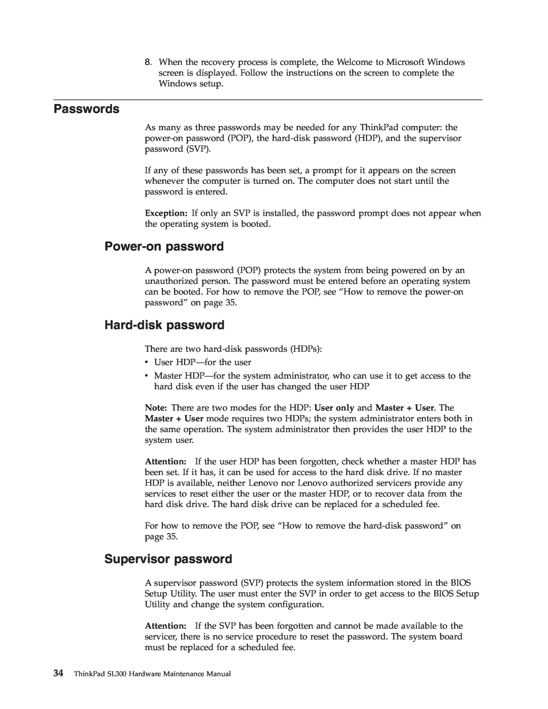 Lenovo SL300 manual Passwords, Power-on password, Hard-disk password, Supervisor password 