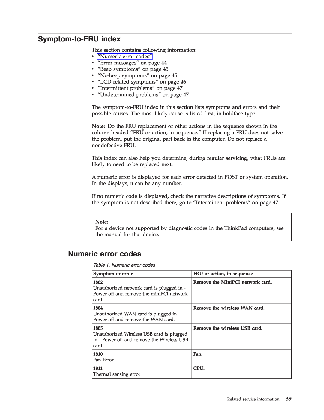 Lenovo SL300 manual Symptom-to-FRU index, Numeric error codes 