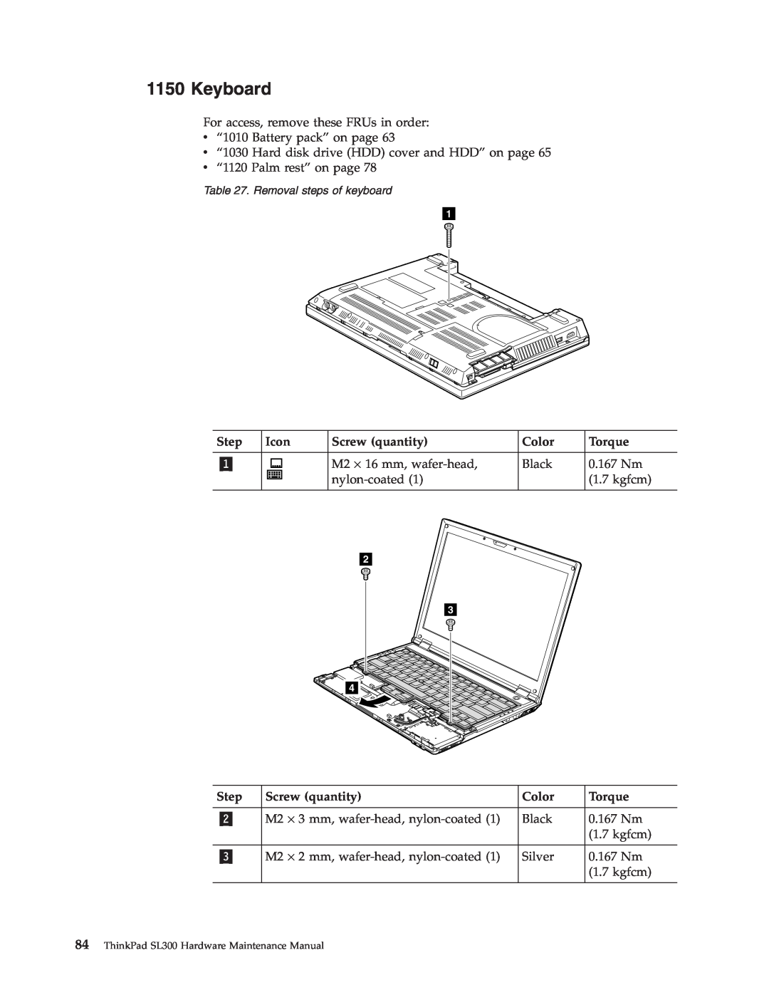 Lenovo SL300 manual Keyboard, Step, Icon, Screw quantity, Color, Torque 