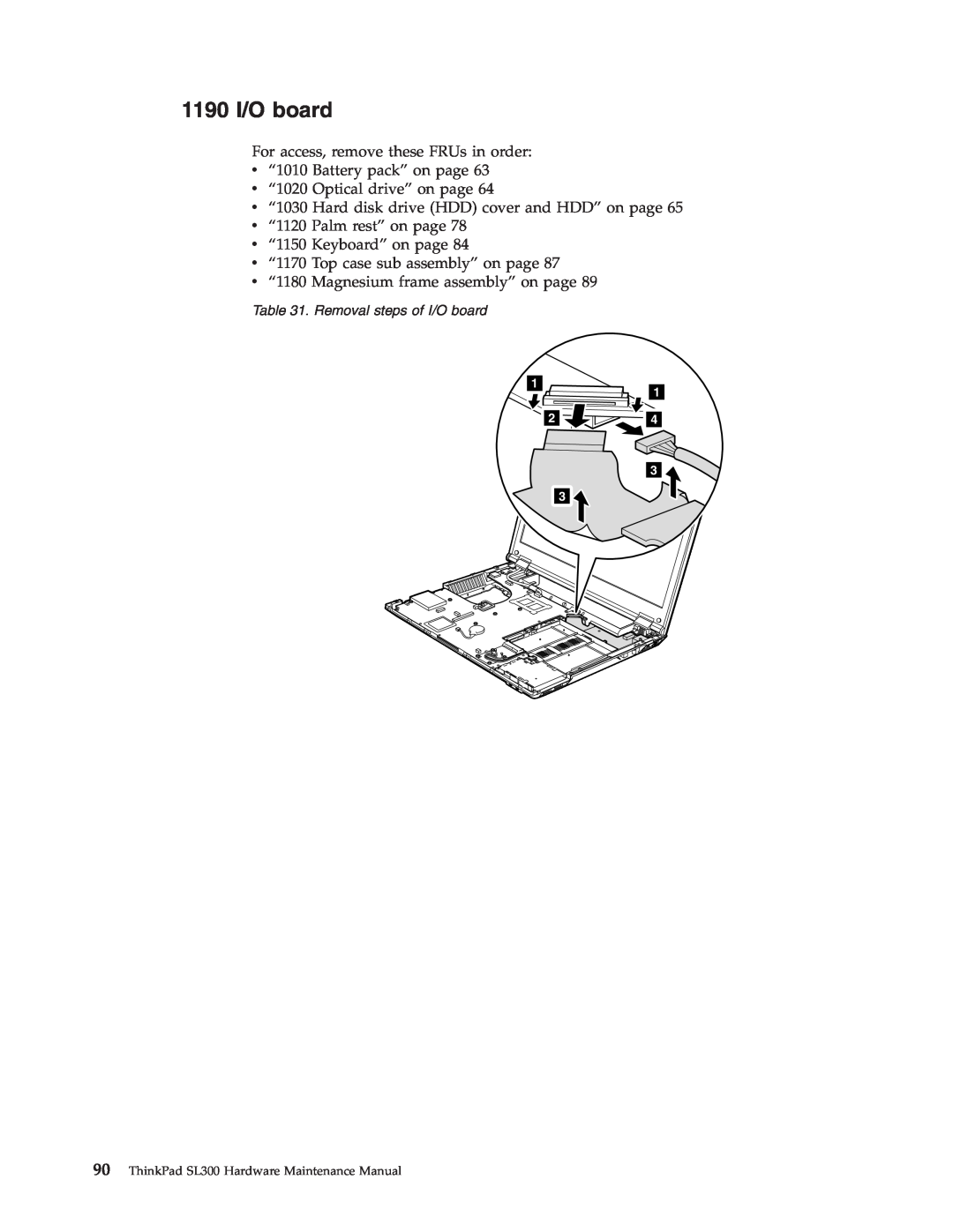 Lenovo manual 1190 I/O board, Removal steps of I/O board, ThinkPad SL300 Hardware Maintenance Manual 