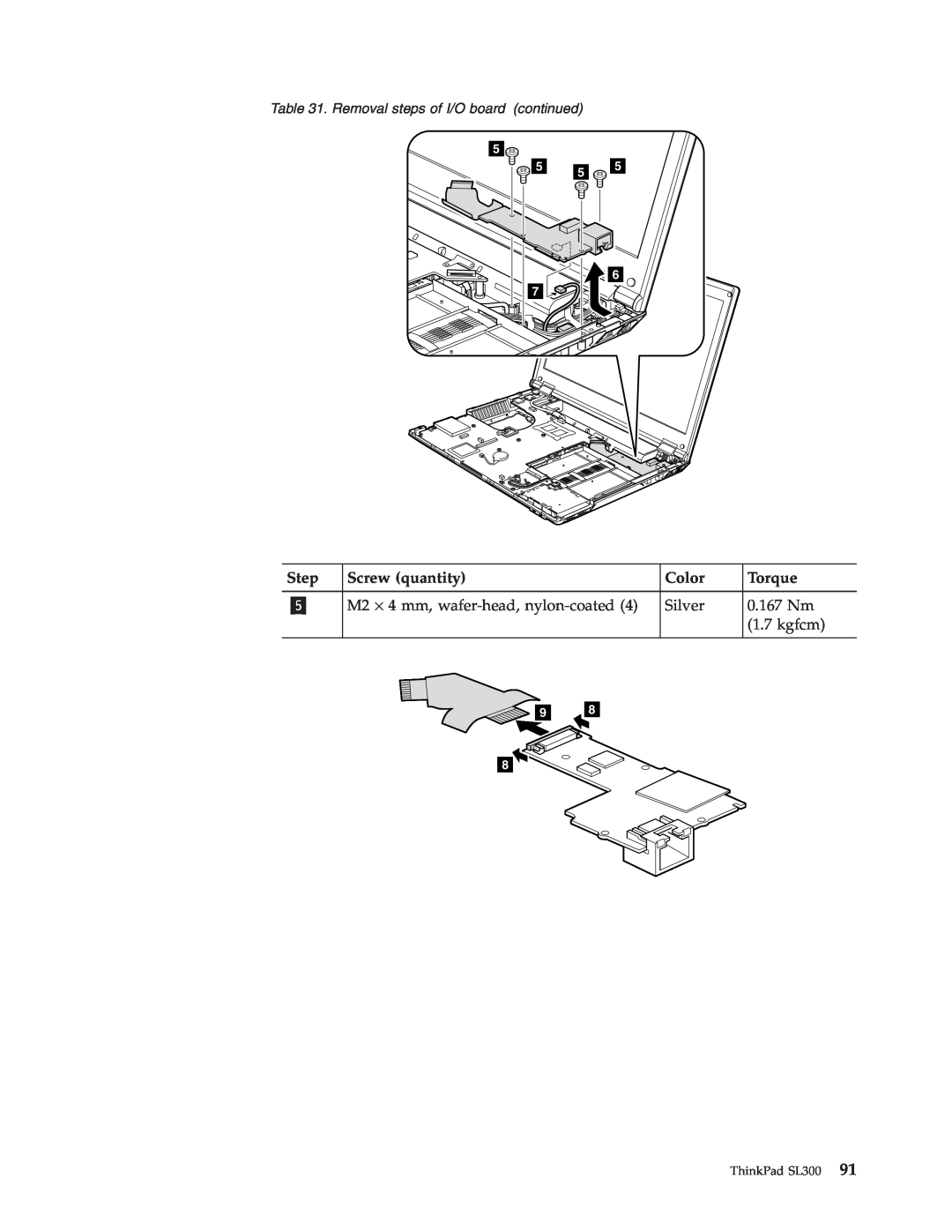 Lenovo manual Step, Screw quantity, Color, Torque, Removal steps of I/O board continued, ThinkPad SL300 