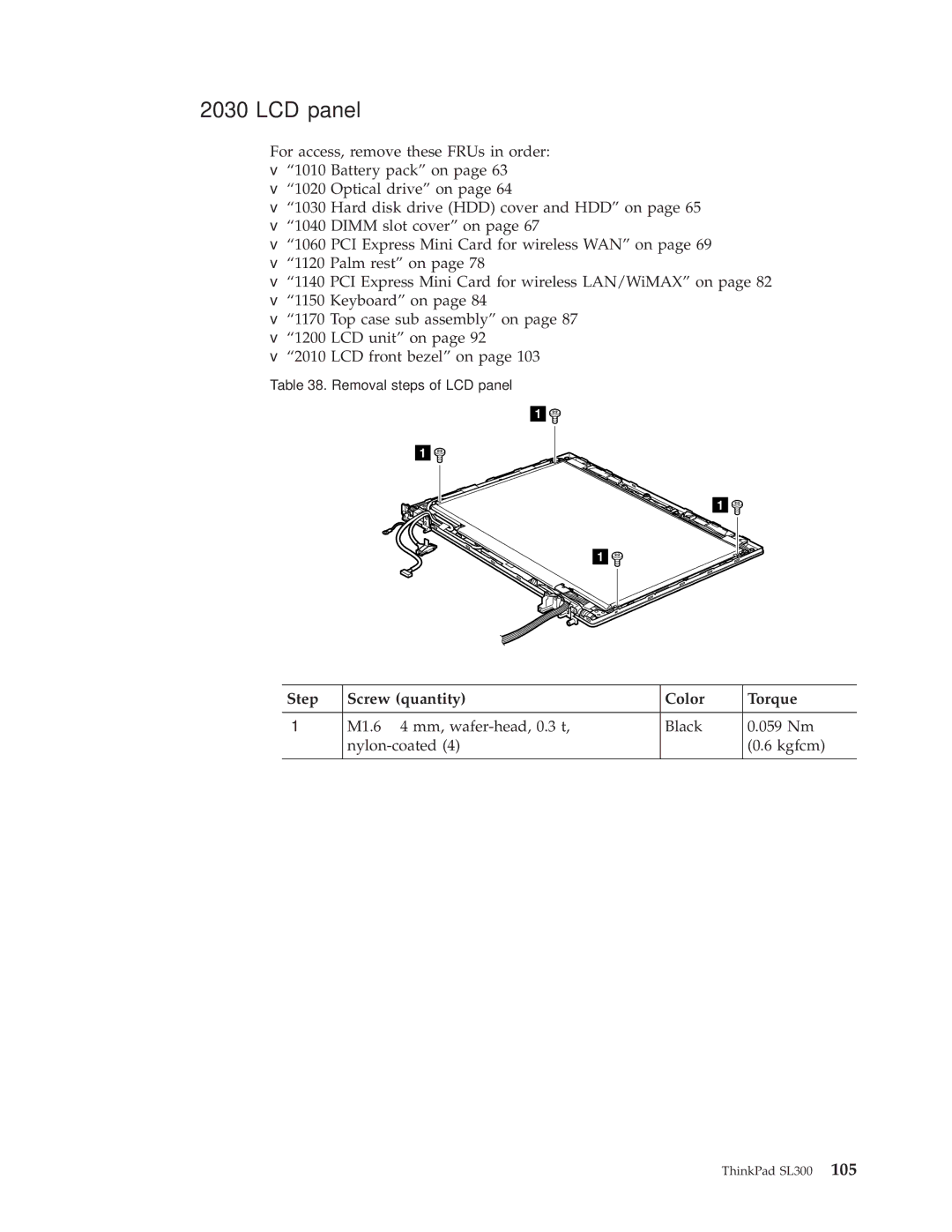 Lenovo SL300 manual LCD panel, Step Screw quantity Color Torque 