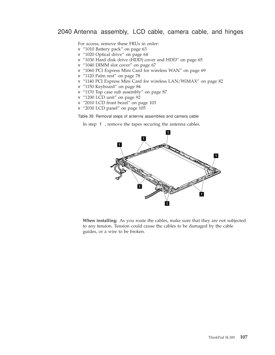 Lenovo SL300 manual Antenna assembly, LCD cable, camera cable, and hinges 